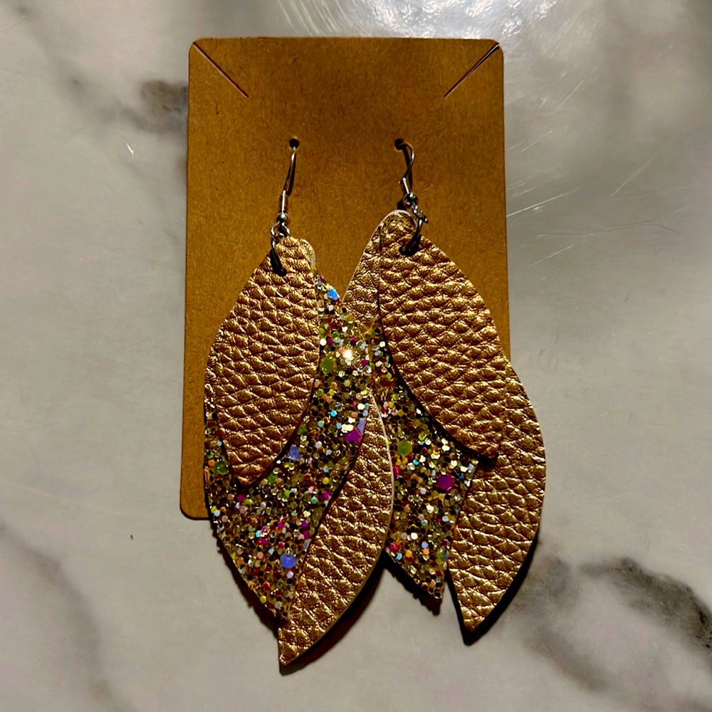Good Leather and Gold Glitter Earrings NWOT